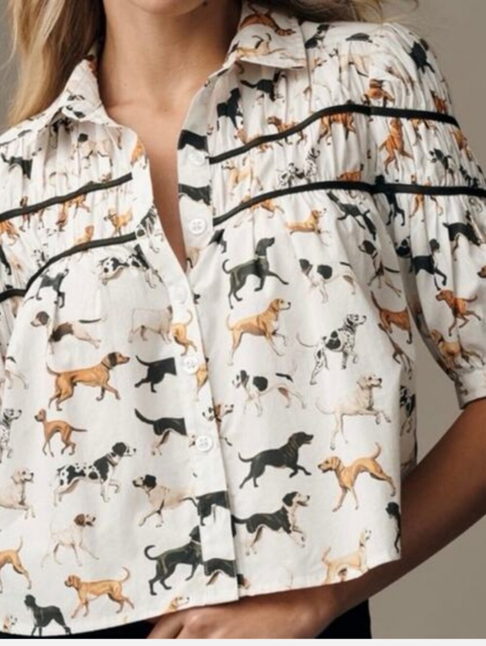 Anthropologie Leandra Shirred Yoke Blouse In Dog Print EUC